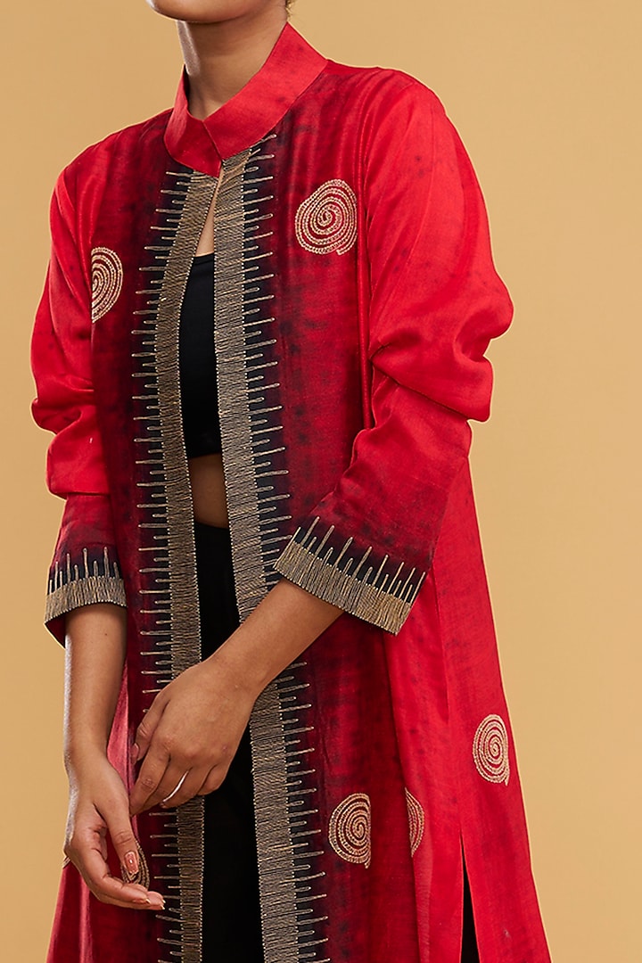 Red Cotton Silk Printed & Embroidered Jacket Set by Taika By Poonam Bhagat at Pernia's Pop Up Shop