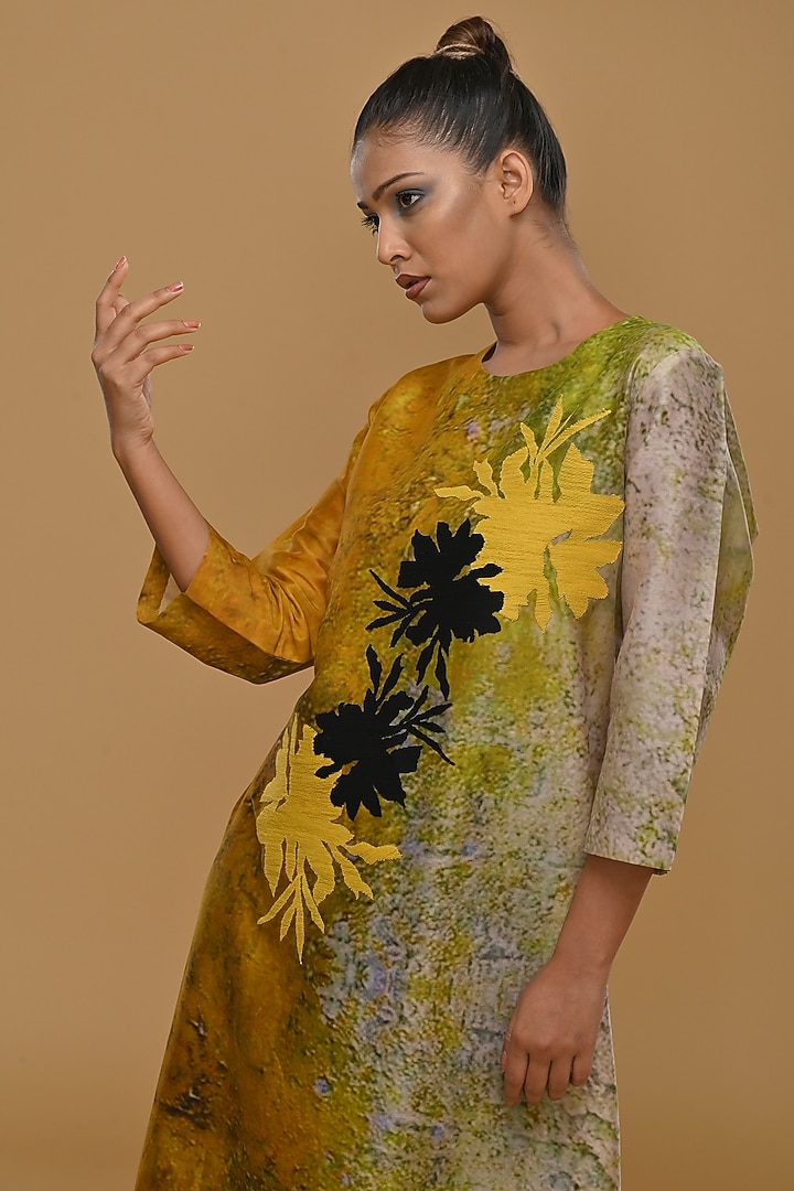 Yellow & Cream Blended Silk Printed Tunic Set by Taika By Poonam Bhagat at Pernia's Pop Up Shop