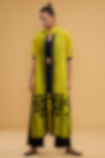 Lime Blended Silk Printed & Embroidered Long Jacket Set by Taika By Poonam Bhagat