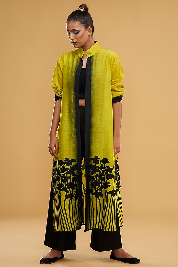 Lime Blended Silk Printed & Embroidered Long Jacket Set by Taika By Poonam Bhagat