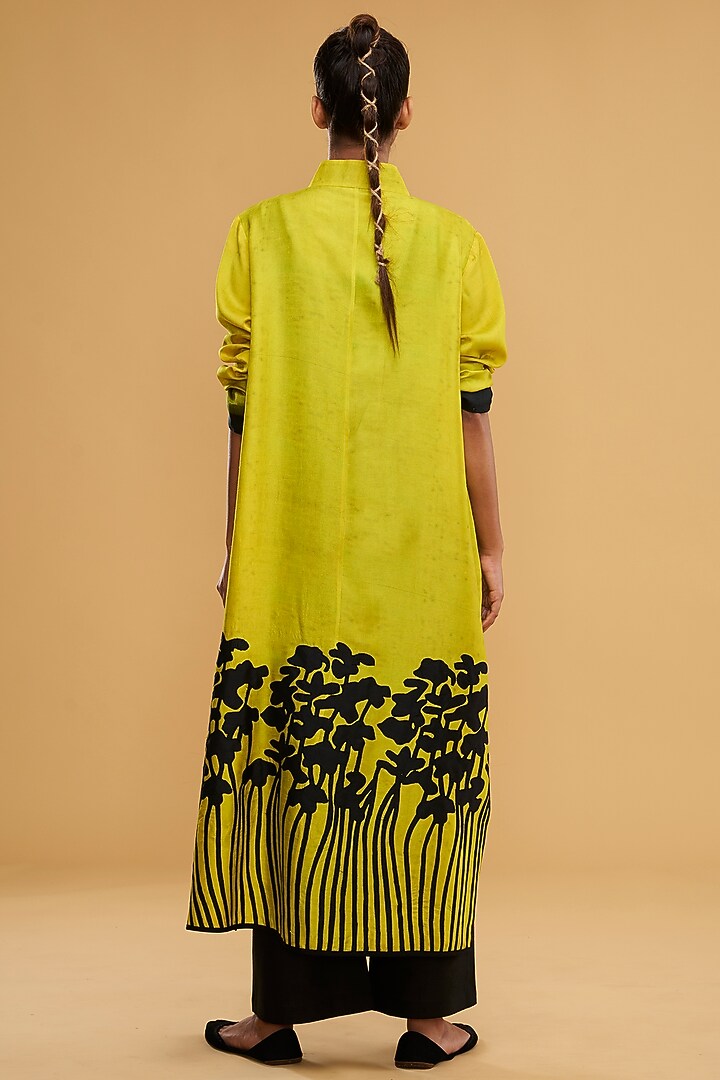 Lime Blended Silk Printed & Embroidered Long Jacket Set by Taika By Poonam Bhagat at Pernia's Pop Up Shop