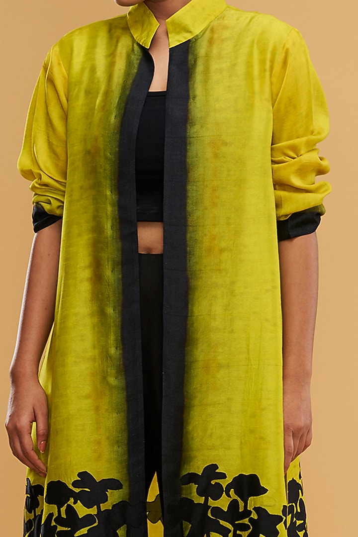 Lime Blended Silk Printed & Embroidered Long Jacket Set by Taika By Poonam Bhagat at Pernia's Pop Up Shop