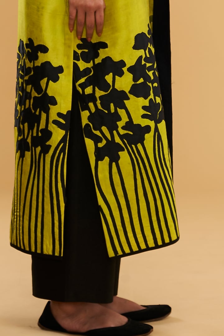 Lime Blended Silk Printed & Embroidered Long Jacket Set by Taika By Poonam Bhagat at Pernia's Pop Up Shop