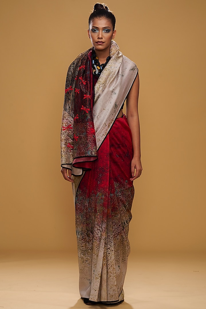 Red & Cream Chanderi Printed Saree by Taika By Poonam Bhagat