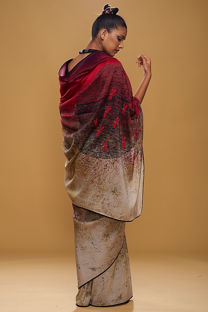 Red & Cream Chanderi Printed Party Wear Saree by Taika By Poonam Bhagat at Pernia's Pop Up Shop