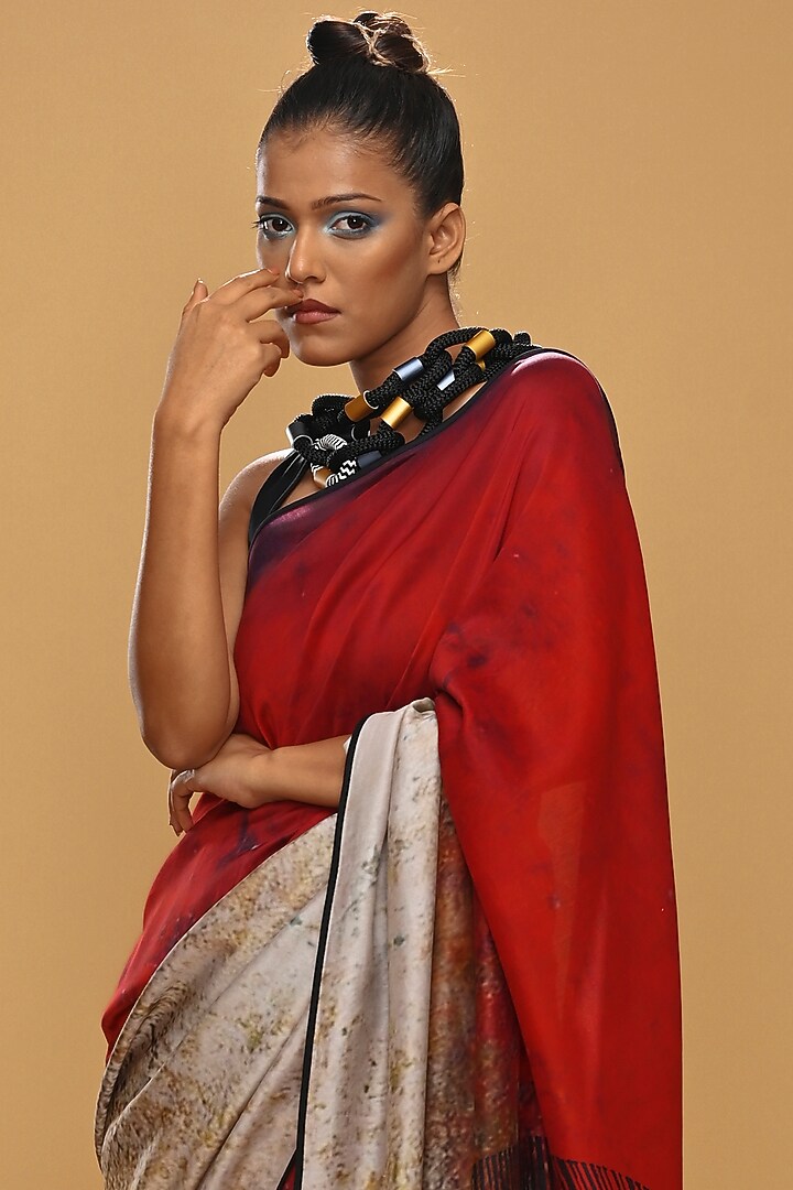 Red & Cream Chanderi Printed Party Wear Saree by Taika By Poonam Bhagat at Pernia's Pop Up Shop