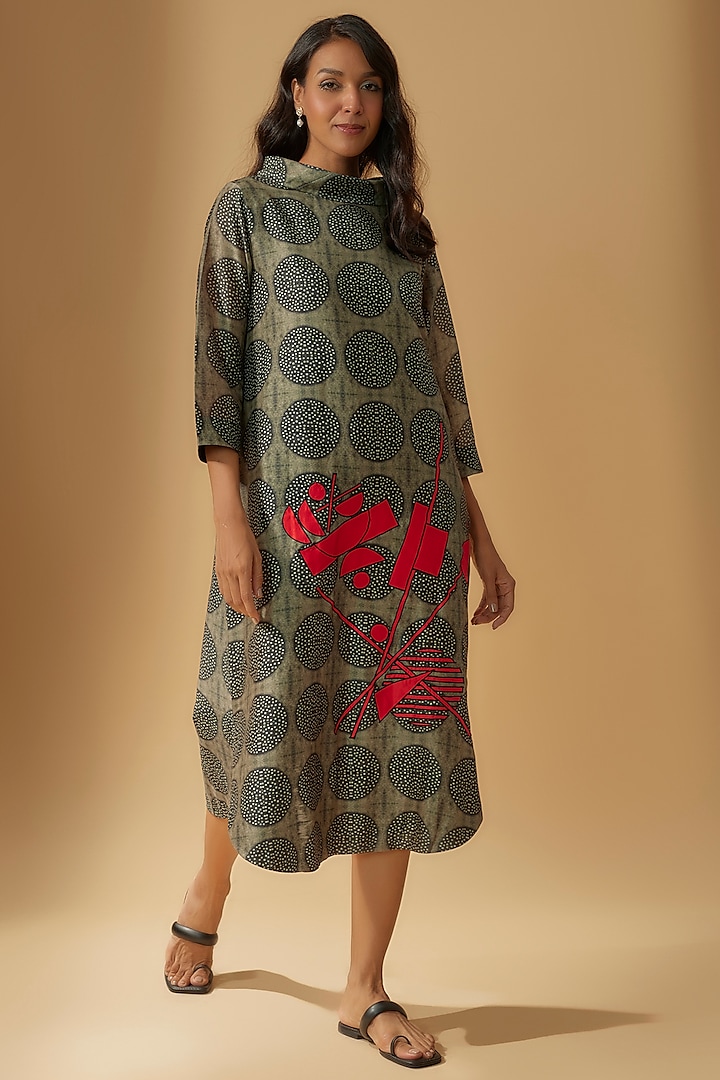 Grey Blended Silk Printed & Embroidered Tunic by Taika By Poonam Bhagat