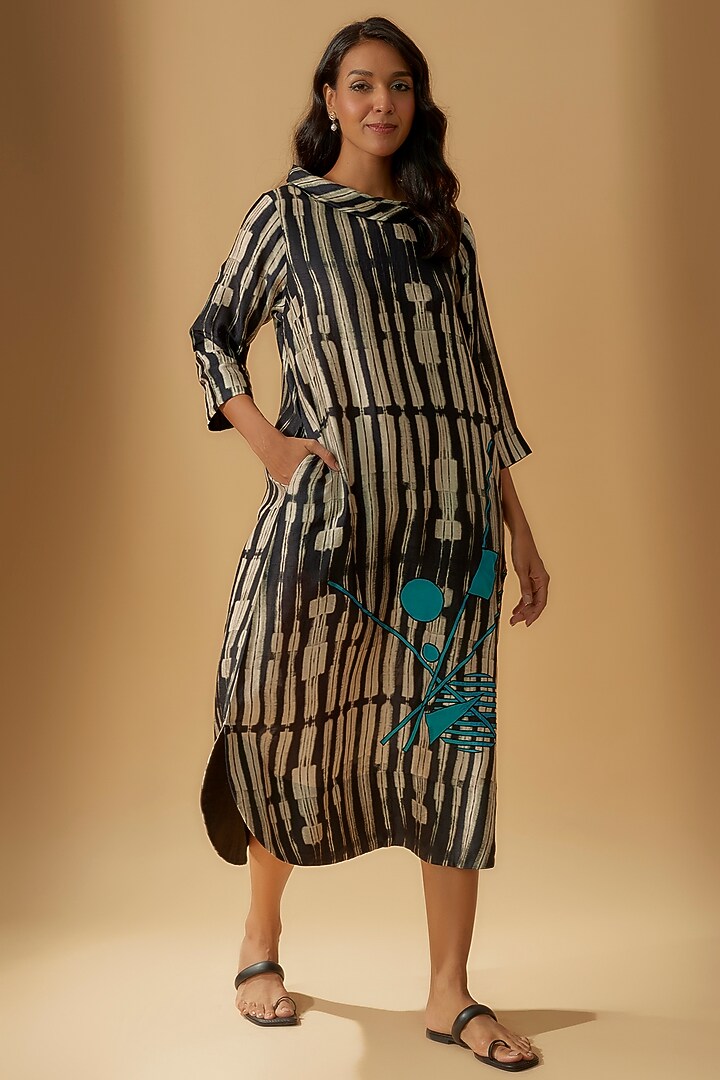 Black Blended Silk Printed & Embroidered Vacation Dress by Taika By Poonam Bhagat at Pernia's Pop Up Shop
