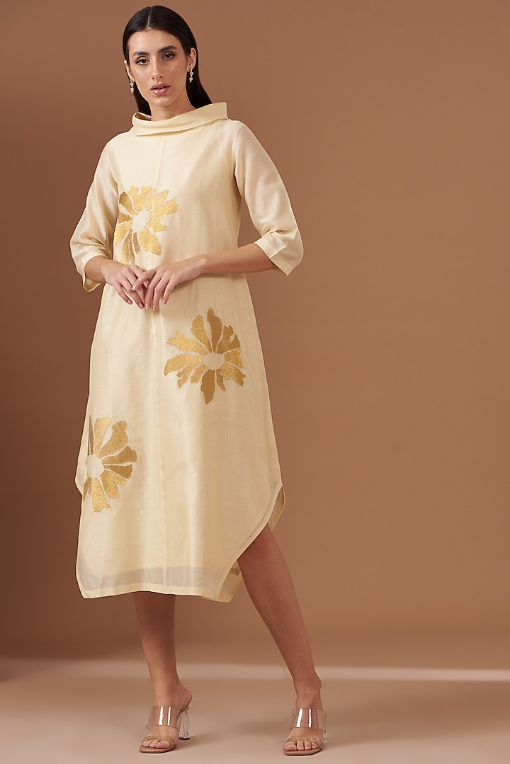 Beige Blended Silk Embroidered Asymmetric Dress by TAIKA by Poonam Bhagat