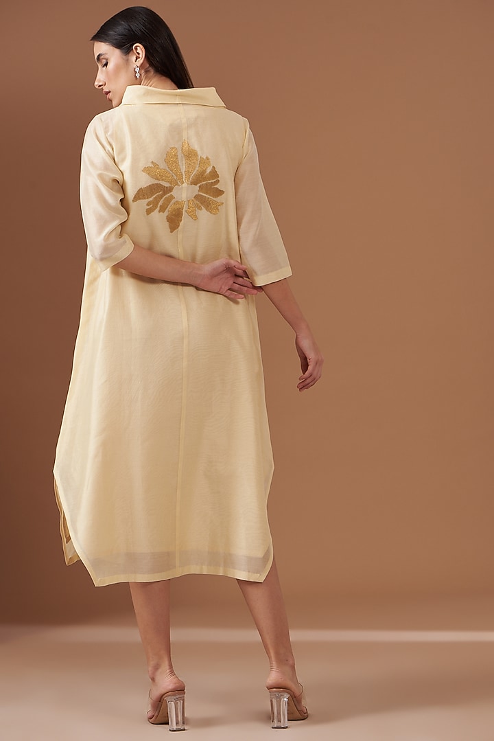 Beige Blended Silk Embroidered Asymmetric Vacation Dress by TAIKA by Poonam Bhagat at Pernia's Pop Up Shop