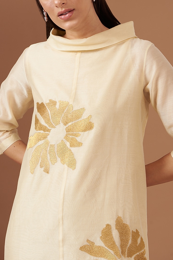 Beige Blended Silk Embroidered Asymmetric Vacation Dress by TAIKA by Poonam Bhagat at Pernia's Pop Up Shop