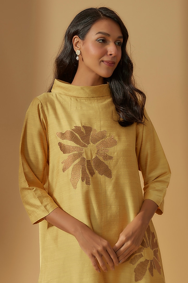 Beige Chanderi Embroidered Vacation Dress by Taika By Poonam Bhagat at Pernia's Pop Up Shop