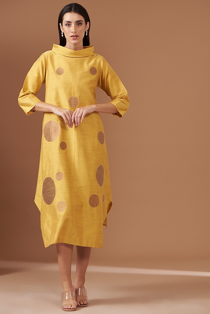 Golden Ochre Blended Silk Embroidered Dress by TAIKA by Poonam Bhagat