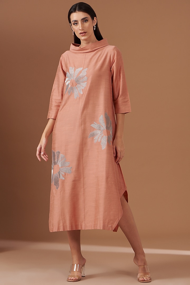 Peach Blended Silk Embroidered Dress by TAIKA by Poonam Bhagat