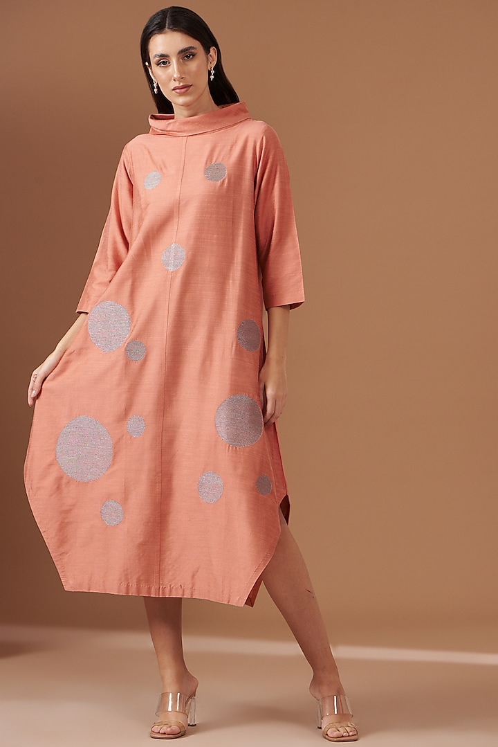 Peach Blended Silk Embroidered Asymmetric Dress by TAIKA by Poonam Bhagat