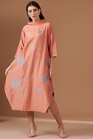 Peach Blended Silk Embroidered Asymmetric Dress by TAIKA by Poonam Bhagat