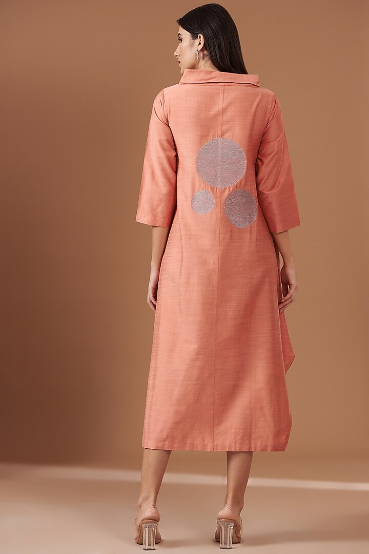 Peach Blended Silk Embroidered Asymmetric Vacation Dress by TAIKA by Poonam Bhagat at Pernia's Pop Up Shop