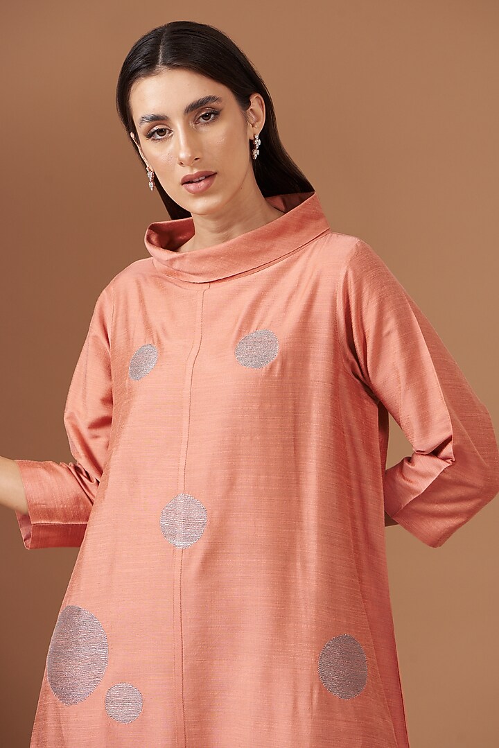 Peach Blended Silk Embroidered Asymmetric Vacation Dress by TAIKA by Poonam Bhagat at Pernia's Pop Up Shop