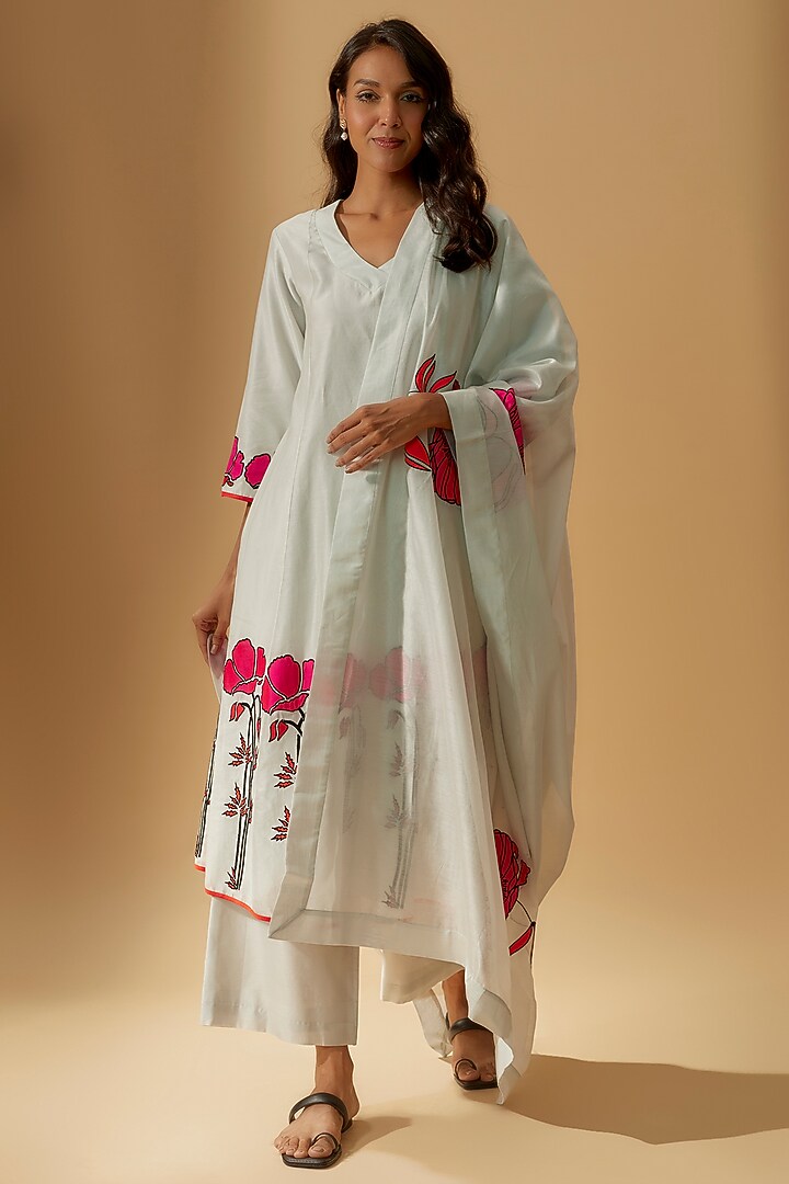 Ivory Chanderi Embroidered Party Wear Anarkali Set by Taika By Poonam Bhagat at Pernia's Pop Up Shop