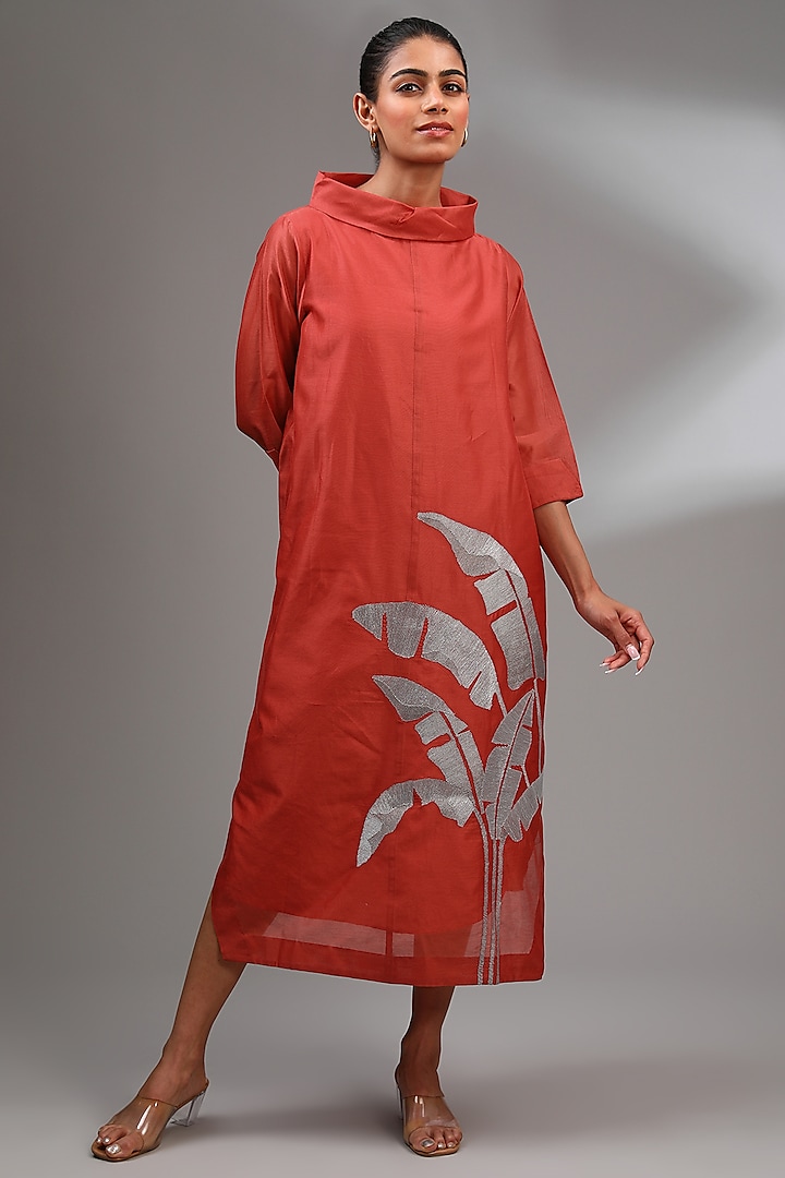 Red Chanderi Embroidered Midi A-Line Dress by Taika By Poonam Bhagat at Pernia's Pop Up Shop