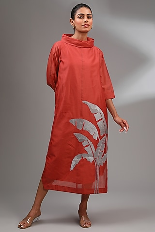 Red Chanderi Embroidered Midi A-Line Dress by Taika By Poonam Bhagat