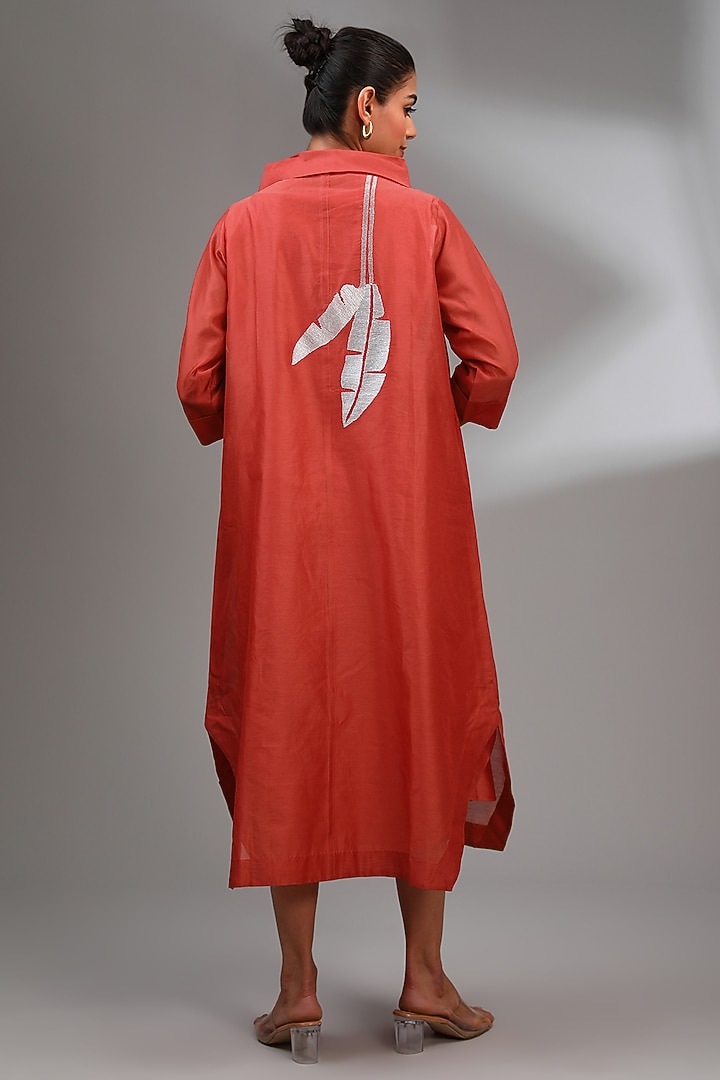 Red Chanderi Embroidered Midi A-Line Vacation Dress by Taika By Poonam Bhagat at Pernia's Pop Up Shop