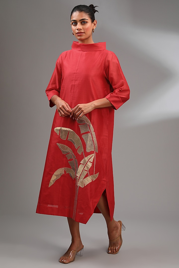 Red Chanderi Embroidered Midi A-Line Dress by Taika By Poonam Bhagat at Pernia's Pop Up Shop