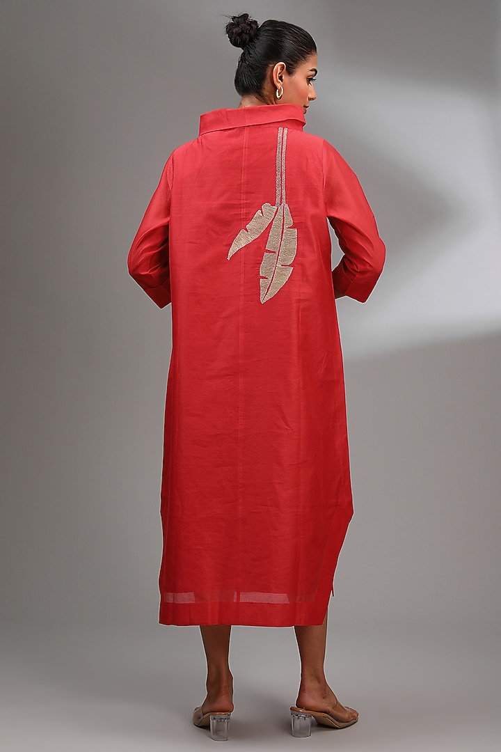 Red Chanderi Embroidered Midi A-Line Vacation Dress by Taika By Poonam Bhagat at Pernia's Pop Up Shop