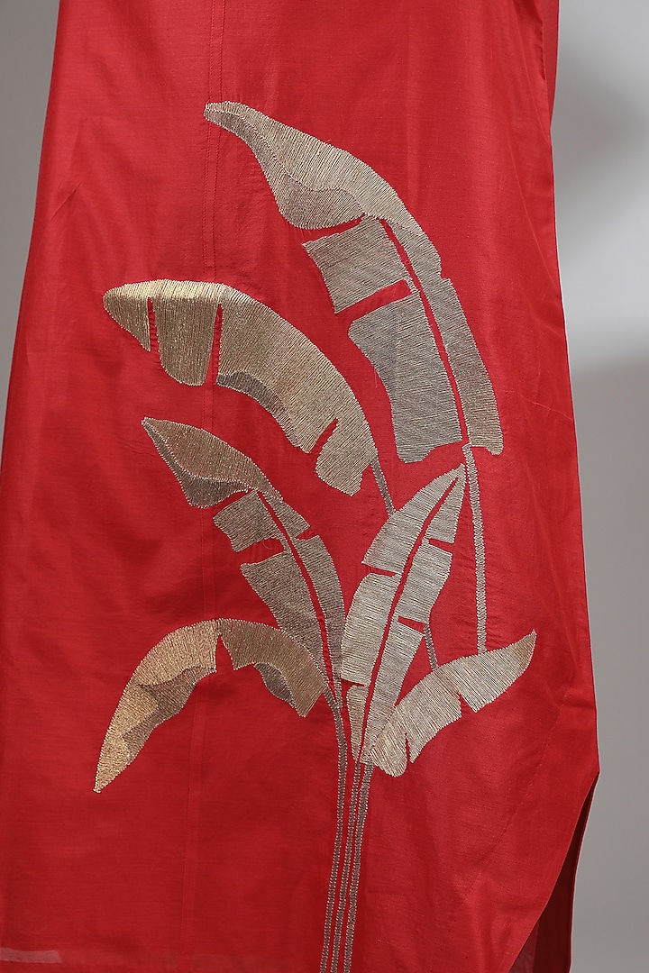 Red Chanderi Embroidered Midi A-Line Vacation Dress by Taika By Poonam Bhagat at Pernia's Pop Up Shop