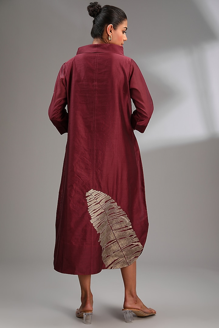 Maroon Chanderi Embroidered Midi A-Line Vacation Dress by Taika By Poonam Bhagat at Pernia's Pop Up Shop