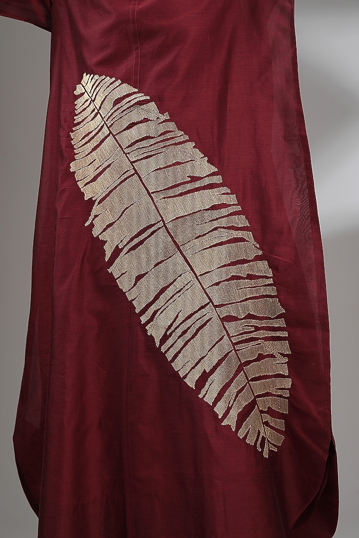 Maroon Chanderi Embroidered Midi A-Line Vacation Dress by Taika By Poonam Bhagat at Pernia's Pop Up Shop