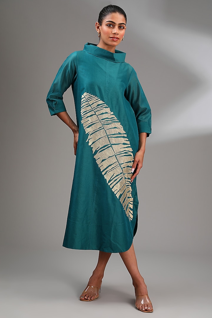 Teal Chanderi Embroidered Midi A-Line Dress by Taika By Poonam Bhagat at Pernia's Pop Up Shop