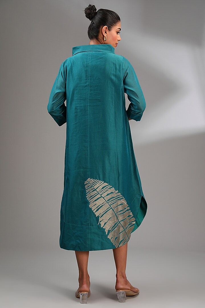 Teal Chanderi Embroidered Midi A-Line Vacation Dress by Taika By Poonam Bhagat at Pernia's Pop Up Shop