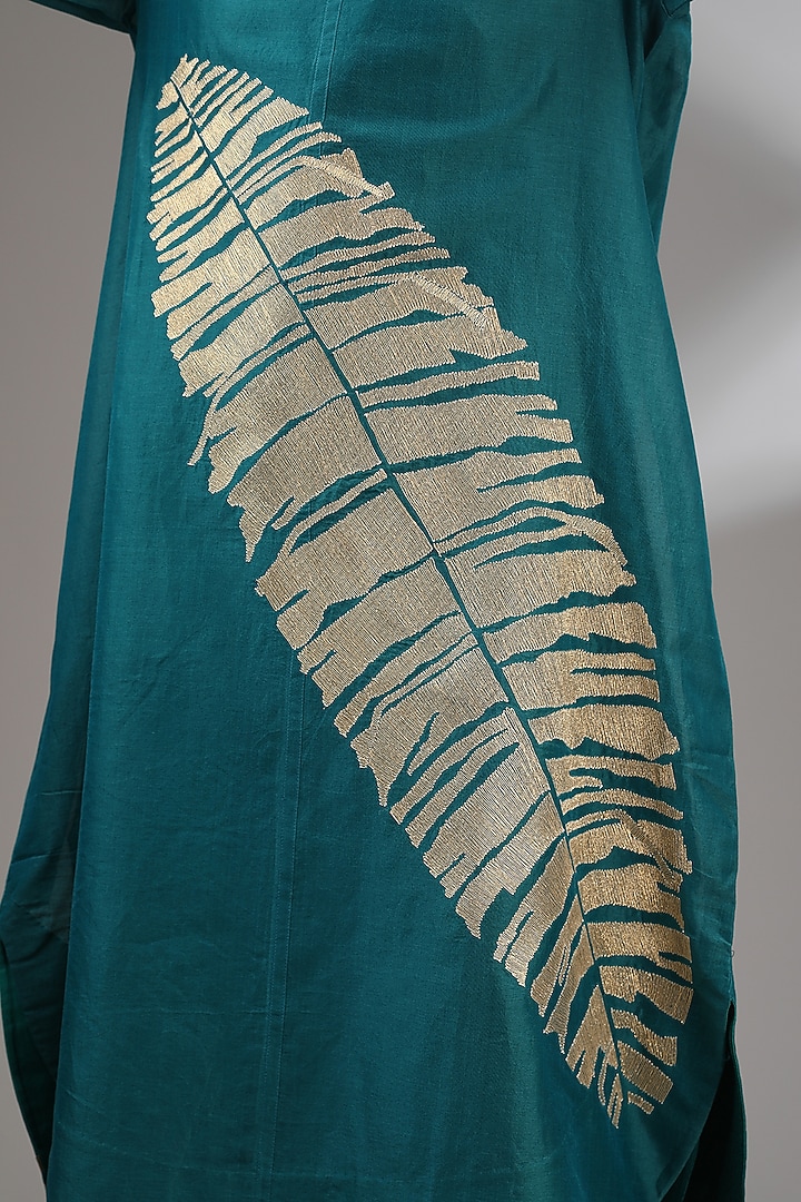 Teal Chanderi Embroidered Midi A-Line Vacation Dress by Taika By Poonam Bhagat at Pernia's Pop Up Shop