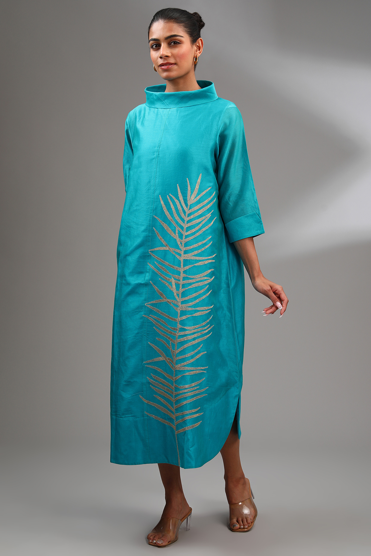 Aqua Blue Chanderi Embroidered Midi A-Line Vacation Dress by Taika By Poonam Bhagat at Pernia's Pop Up Shop