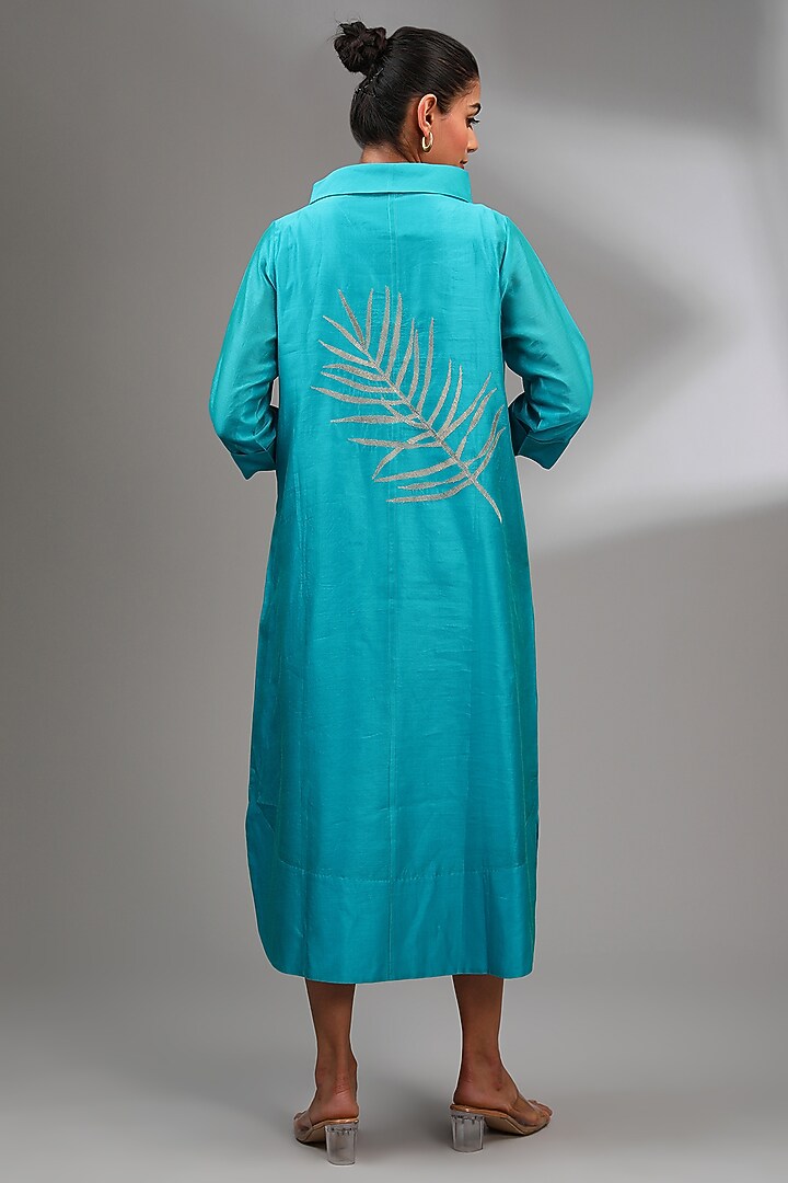 Aqua Blue Chanderi Embroidered Midi A-Line Vacation Dress by Taika By Poonam Bhagat at Pernia's Pop Up Shop
