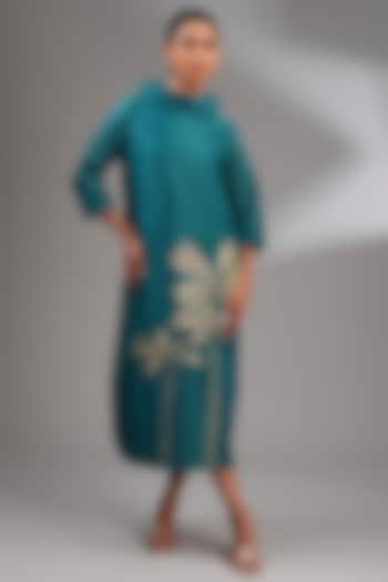 Teal Chanderi Embroidered Midi A-Line Dress by Taika By Poonam Bhagat at Pernia's Pop Up Shop