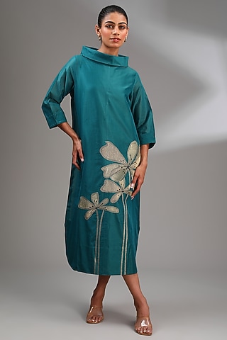Teal Chanderi Embroidered Midi A-Line Dress by Taika By Poonam Bhagat
