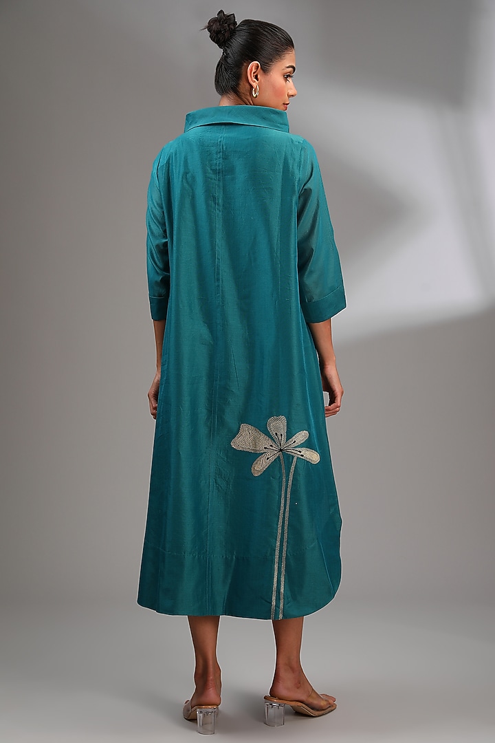 Teal Chanderi Embroidered Midi A-Line Vacation Dress by Taika By Poonam Bhagat at Pernia's Pop Up Shop