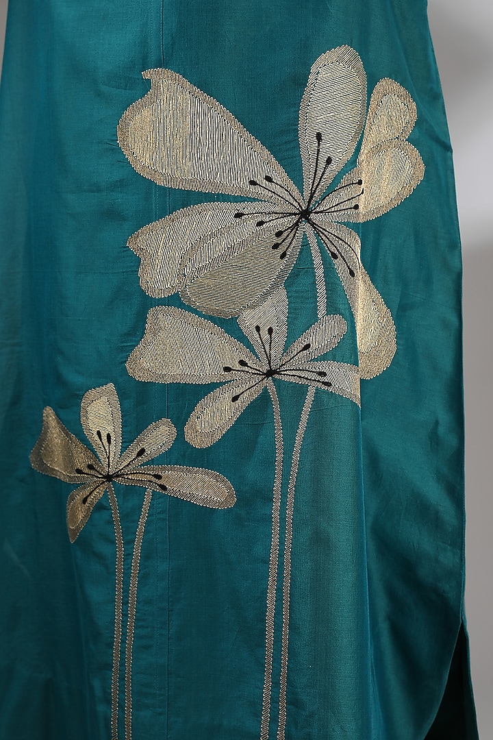 Teal Chanderi Embroidered Midi A-Line Vacation Dress by Taika By Poonam Bhagat at Pernia's Pop Up Shop