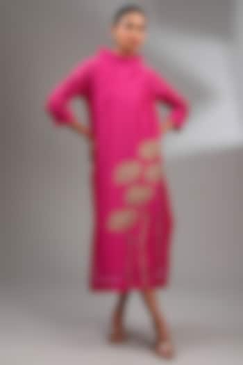 Hot Pink Chanderi Embroidered Midi A-Line Dress by Taika By Poonam Bhagat at Pernia's Pop Up Shop