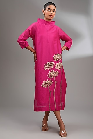 Hot Pink Chanderi Embroidered Midi A-Line Dress by Taika By Poonam Bhagat