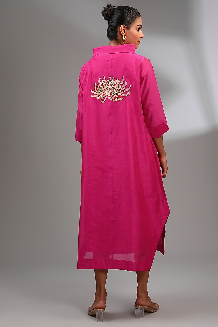 Hot Pink Chanderi Embroidered Midi A-Line Vacation Dress by Taika By Poonam Bhagat at Pernia's Pop Up Shop