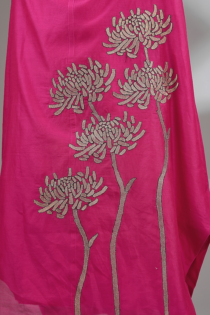 Hot Pink Chanderi Embroidered Midi A-Line Vacation Dress by Taika By Poonam Bhagat at Pernia's Pop Up Shop