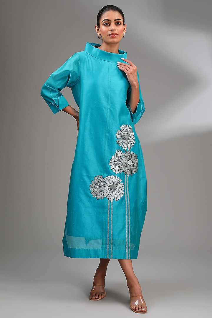 Aqua Blue Chanderi Embroidered Midi A-Line Dress by Taika By Poonam Bhagat at Pernia's Pop Up Shop