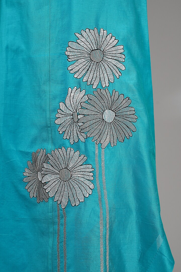 Aqua Blue Chanderi Embroidered Midi A-Line Vacation Dress by Taika By Poonam Bhagat at Pernia's Pop Up Shop