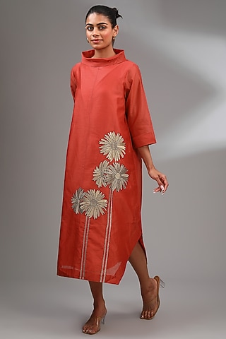 Red Chanderi Embroidered Midi A-Line Dress by Taika By Poonam Bhagat
