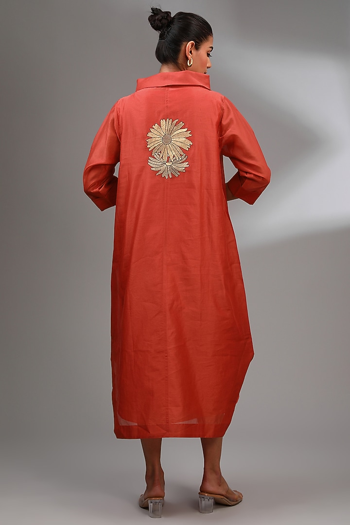 Red Chanderi Embroidered Midi A-Line Vacation Dress by Taika By Poonam Bhagat at Pernia's Pop Up Shop