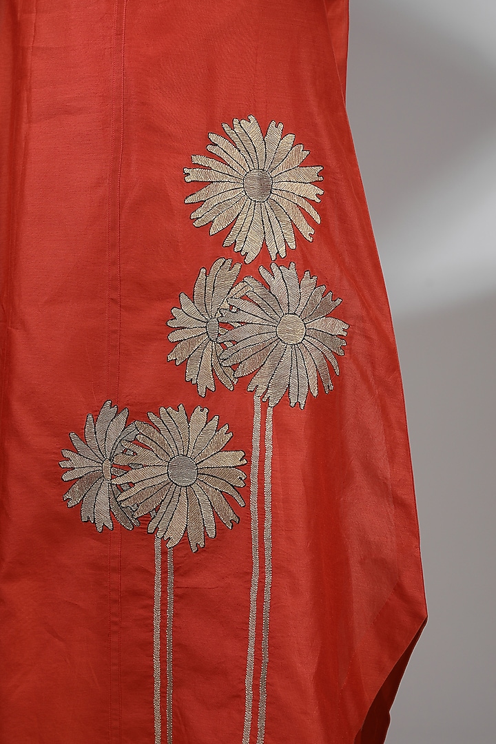Red Chanderi Embroidered Midi A-Line Vacation Dress by Taika By Poonam Bhagat at Pernia's Pop Up Shop