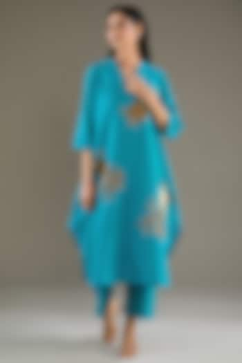 Turquoise Chanderi Sequins Hand Embroidered Tunic Set by TAIKA by Poonam Bhagat at Pernia's Pop Up Shop